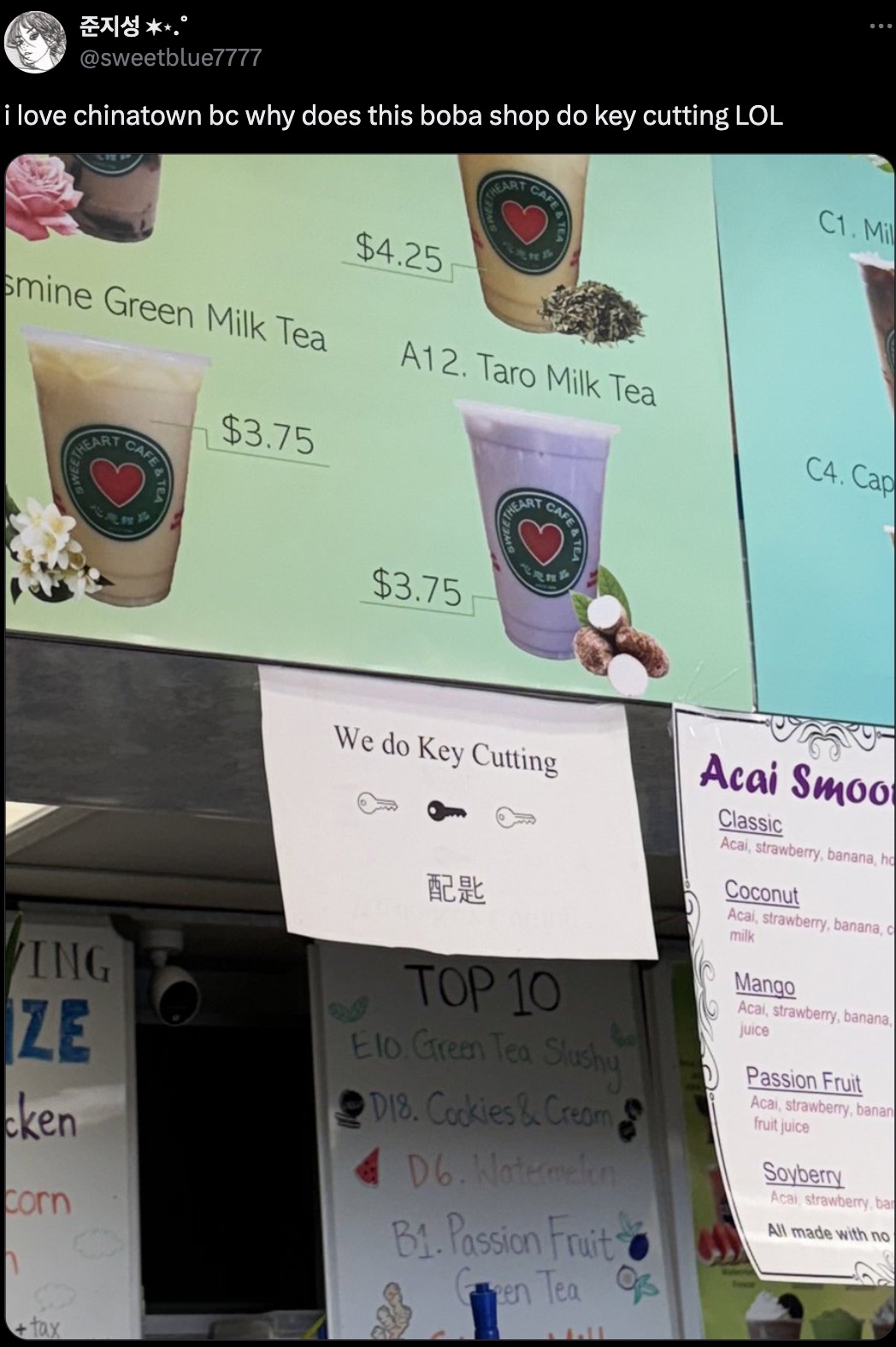 iced coffee - . i love chinatown bc why does this boba shop do key cutting Lol C1. Mil Heart Cafe $4.25 smine Green Milk Tea A12. Taro Milk Tea C4. Cap Heart Weeth Cafe& $3.75 Cafe $3.75 Theart Ing Ze cken corn We do Key Cutting Top 10 Elo Green Tea Slush